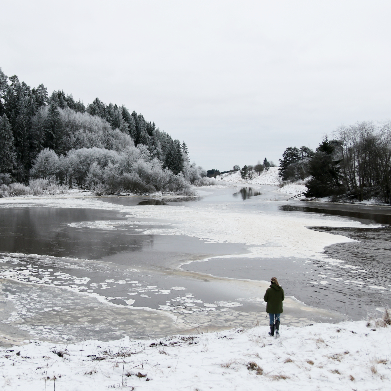 Retkeilijä lumisen Nautelankosken rannalla. Kuva: Iiris Kallajoki/Tammireitit